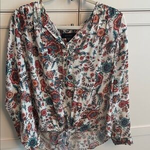 Karen Kane Cream Floral Tie-Front Blouse with Red and Teal Accents